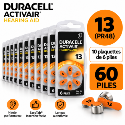 60 Piles Auditives Duracell Activair 13 – 10 Plaquettes