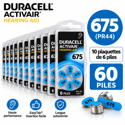 60 Piles Auditives Duracell Activair 675 – 10 Plaquettes