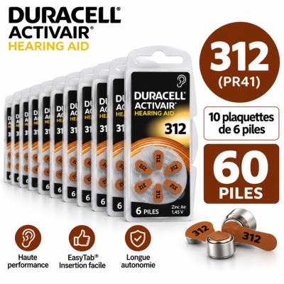 60 Piles Auditives Duracell Activair 312 – 10 Plaquettes