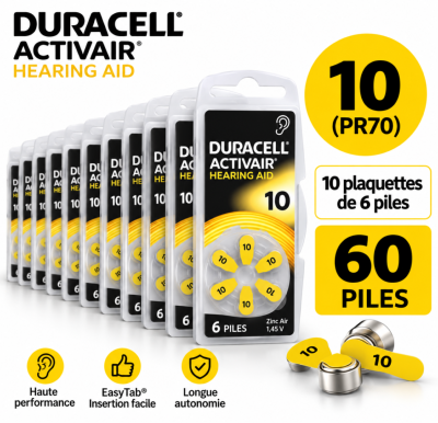 60 Piles Auditives Duracell Activair 10 – 10 Plaquettes